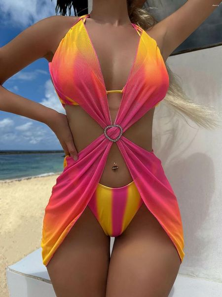 Swimwear Women 2024 Sexy Gradient Couleur Trois pièces Bikini Set Swimsuit For Women Mesh Jirg Bathing Trots Summer Beach Wear Natation