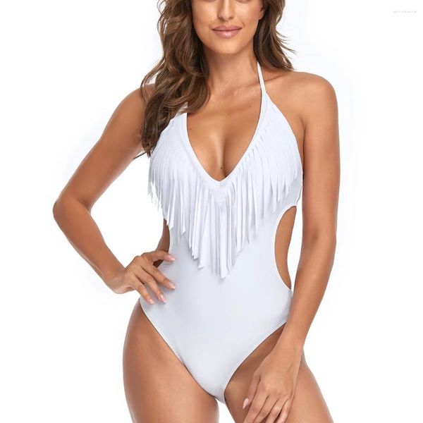 Swimwear féminin 2024 Sexy Halter One Piece Swimsuit Femme Tassel Plus Size V Cou couture Coupure monokini sans dossier de bain sans dossier