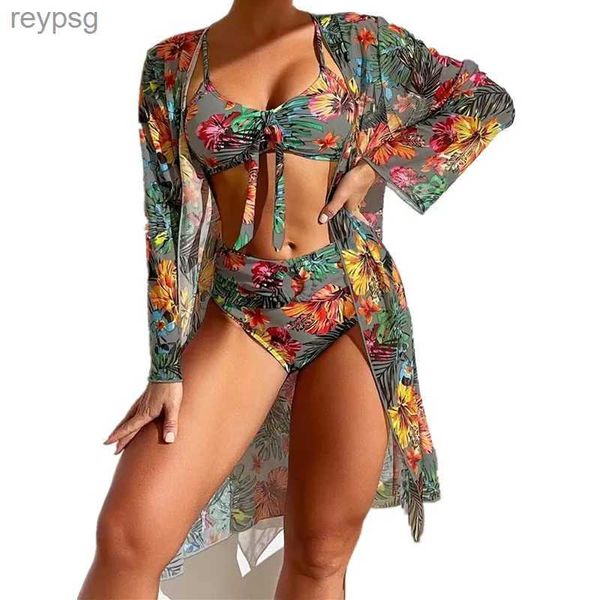 Traje de baño para mujer 2024 Bikini de cintura alta sexy Traje de baño estampado de tres piezas Conjunto de mujer con blusa de manga larga de malla S-3XL El más nuevo YQ240112