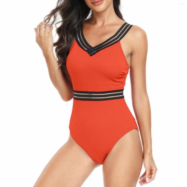 Traje de baño para mujer 2024 Sexy Mesh Strape Traje de baño Sólido Una pieza Mujeres Acolchado Body Bañistas Bañistas Traje de baño Deportes Ropa de playa