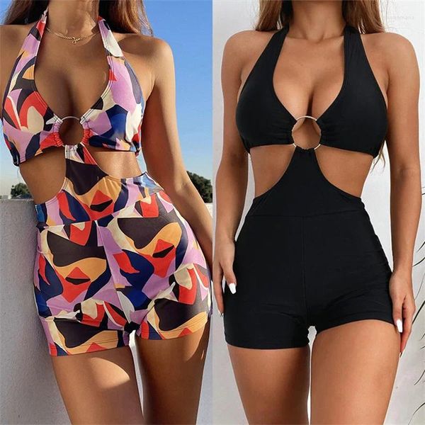 Swimwear Women 2024 Sexy One Piece Mains de maillot Femme Noir Colorful Imprimé licou haut-baignade