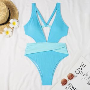 Dames badmode 2024 sexy massief geribbeld één stuk zwempak vrouwen vrouwelijk diepe badpak zomer strand slijtage uitgehakeld monokini blauw