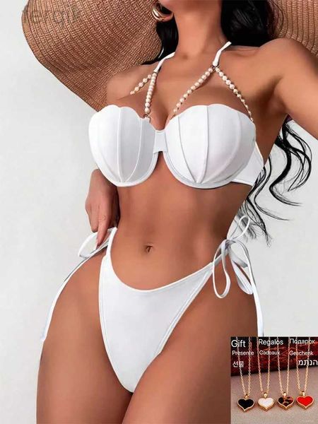 Swimwear féminin 2024 Bikini blanc sexy Femmes Perles de maillot de bain noir Push up Bathing mail mail mail met