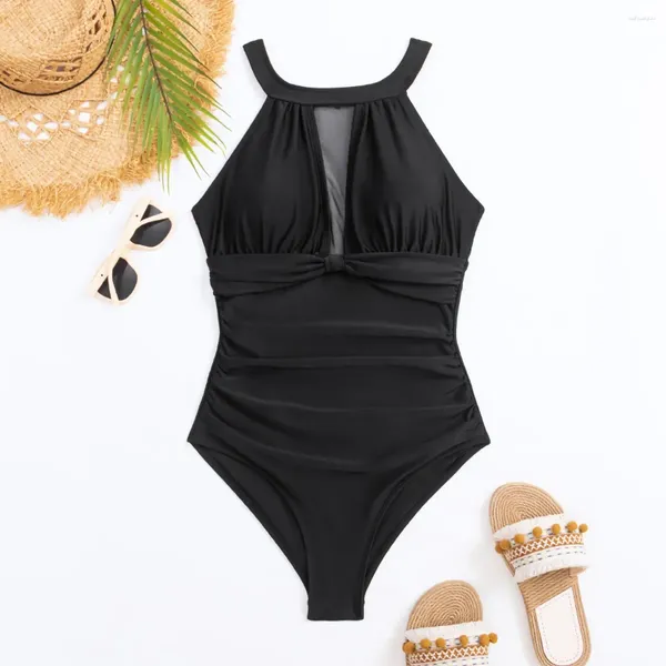 Swimwear Women 2024 Black Solid One Piece Bikini Sexy Mesh Patchwork High Wiston Sweet Backs Backs Back Backing Backing Backing