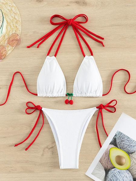 Traje de baño para mujer 2024 Diseñador de fresa Bikini Mujeres Sexy Contraste Blanco Push Up Micro Traje de baño Brasileño Vendaje Traje de baño Tanga