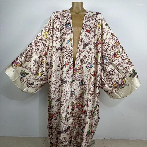 Traje de baño para mujer 2024 verano bohemio cardigan kimonos para mujer suelta un tamaño dulce seda sexy amarillo mariposa patrón boho playa kimono