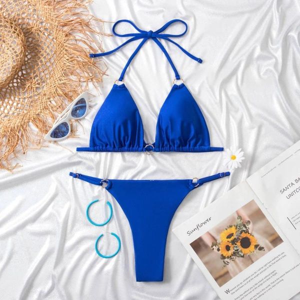 Swimwear féminin 2024 Chaîne d'été Linée Blue Bikini Set pour les femmes Holiday Swim Beach Wear Lacing Laçage Up Triangle Bikinis Lady