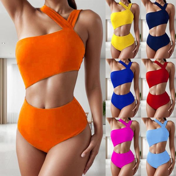 Traje de baño para mujer 2024 Moda de verano Bikini Cintura alta Traje de baño de una pieza Vientre recortado Sólido Trajes de baño sexy Ropa de playa