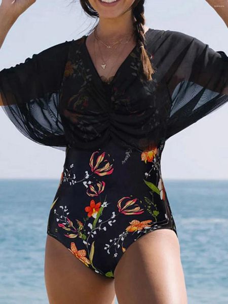 Trajes de baño para mujeres 2024 Summer Floral Mesh One-Piece Tuits para mujeres Sexy Slim Madur Madur Femenina alta en la playa de alta cintura One Piece elegante