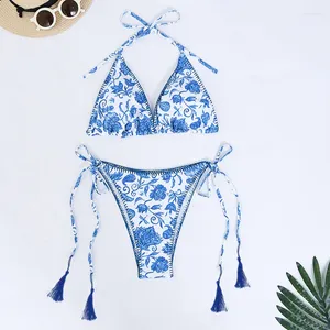 Swimwear féminin 2024 Été Halter Tie Side Côté Micro Bikini Set Boho Flower Imprime