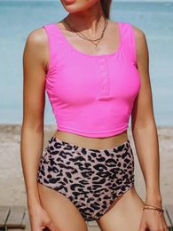 Swimwear Women 2024 Summer Leopard Snap Button Tankini Set Two Pieces Swimsuits Femmes Imprimes de bain Troisses de bain Mature Fashion Beachwear
