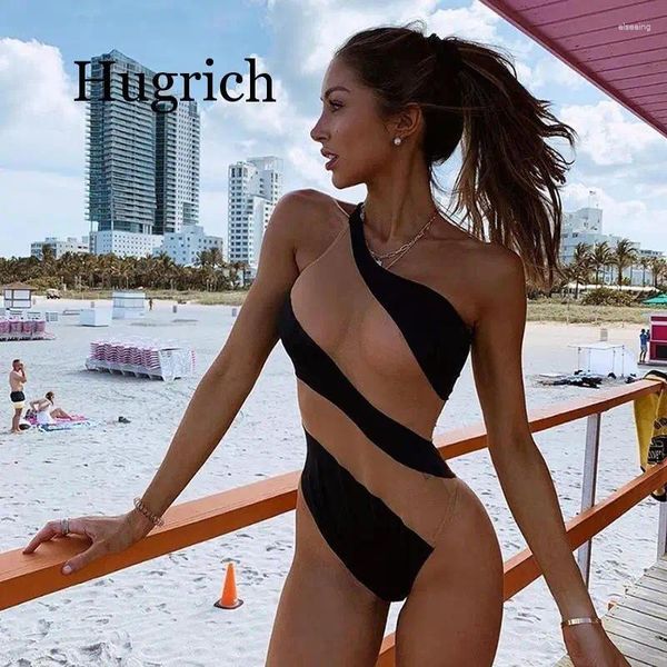 Swimwear Women 2024 Mesh d'été Patchwok One épaule BodySuit Femmes Sexy Voir à travers Mono Mujer Black Jumpsuit Femme