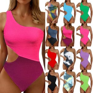 Dames badmode 2024 zomer een schouderzwempakstuk gesneden sexy vrouwen textureerde monokini badpak strandkleding