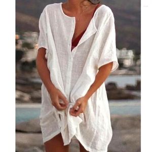 Dames Badmode 2024 Zomer Dames Cover-ups Katoen Linnen Strandblouse Tops Casual Halflange Jurken S-8XL Grote maten Los badpak Vrouw