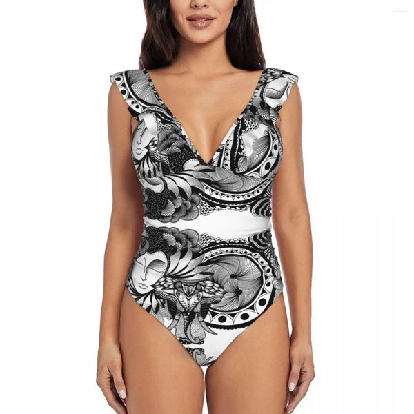 Swimwear 2024 Swimsuit Black and White Ink Line Art Doodle One-pièce