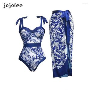 Swimwear de mujeres 2024 Trazo de baño Femenino Blue y White Digital Impresión con falda de gasa delgada One Piece Women