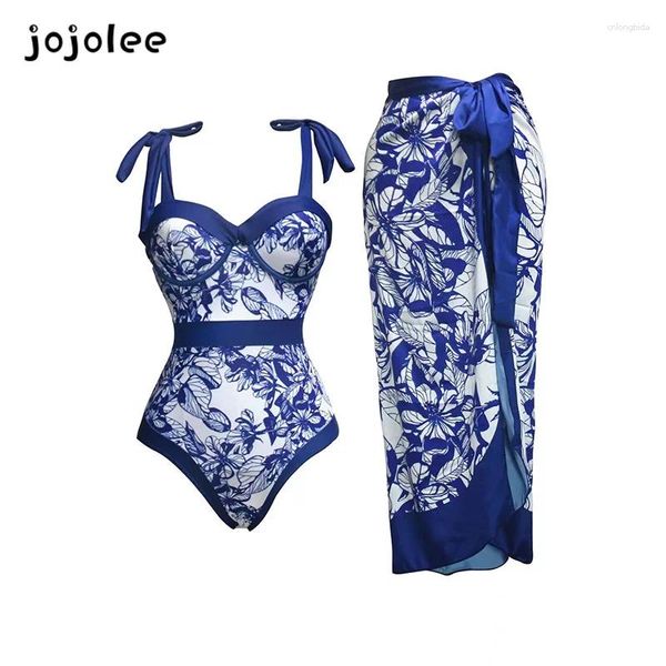 Swimwear 2024 MAINTENANT FEMME IMPRESSION FEMME BLUE ET BLANCHE avec jupe de gaze mince en un seul morceau