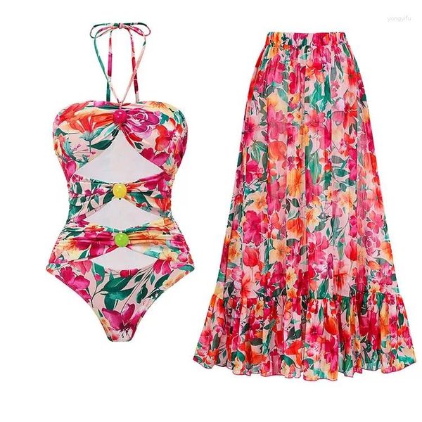 Swimwear 2024 Swimsuit Halter Color Perle Imprimé One Piece Femmes Vacation Beachwear Luxury Bathing Cultime Sexy Bikini Two