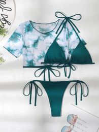 Swimwear 2024 Tie-dye imprimé bikini femme 3 pièces sexy sans dossier court à manches courtes triangle de maillot de bain swing