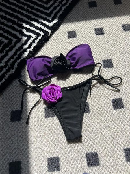 Swimwear Women 2024 Tube Femmes Sexy 3D Flower Bandeau Bikini Set Purple Swimsuit Mini Bathing Fulging