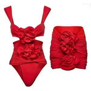 Swimwear 2024 Vinatge Vinatge Handmade 3D Flower Cutout One Piece Swimsuit and Jirt Summer Summer Femmes Saisie de baignoire de plage