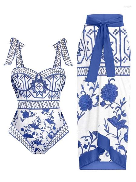 Swimwear 2024 Vintage Colorblock Floral Imprimé One Piece Coupoir Up Femme Blue Lace Chic Bikini Bathing Fissure de plage