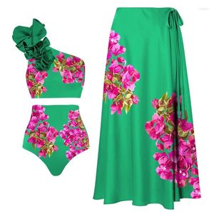 Dames badmode 2024 Vintage Rose Pink Bougainvillea Flower Gedrukte Bikini Set Swimsuit en rok Women Beachwear Bathing Suit