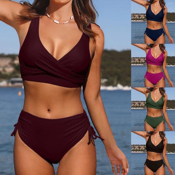 Traje de baño para mujer 2024 Mujer Falda de corbata frontal Conjunto Sujetador deportivo Traje de baño Tops para mujeres Pantalones cortos Traje de baño con aros