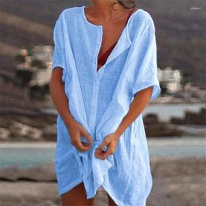 Maillots de bain pour femmes 2024 Chemisier pour femme Beach Cover Ups Femme Manches courtes Blouses longues Casual Loose Couleur Solide Plus Taille Cover-up