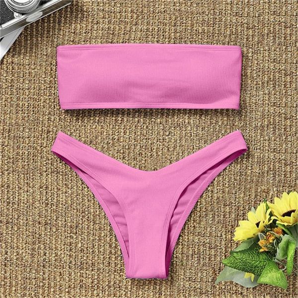 Swimwear féminin 2024 Femmes Bikini Sexy Sexy High Waited Brothed Boob Tube Top Set Swimsuit Two Pieces Solid Brésilien Brésilien