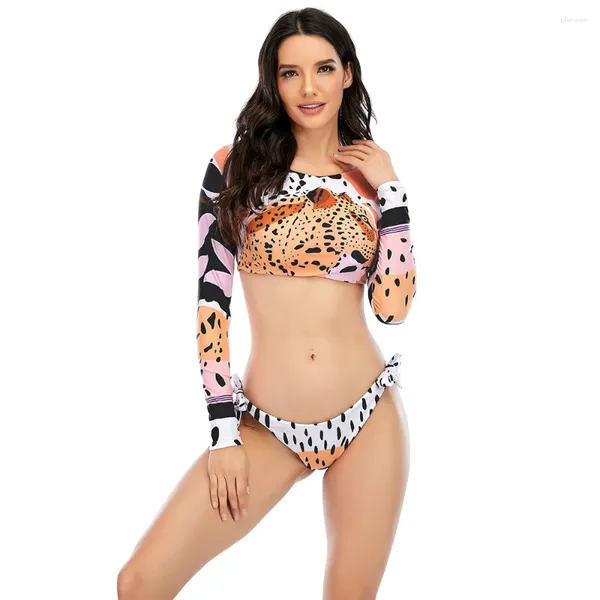 Maillots de bain pour femmes 2024 Femmes coréennes léopard tigre imprimé coloré sangle bikini deux pièces à manches longues protection solaire maillot de bain