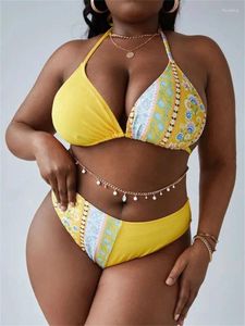 Maillots de bain pour femmes 2024 Femmes grande taille maillot de bain jaune imprimé floral patchwork taille haute bikini ensemble sexy maillot de bain tankini ensembles