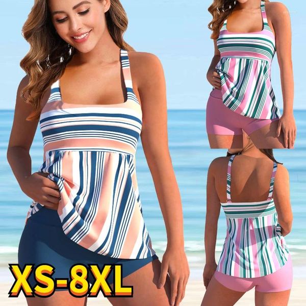 Maillots de bain pour femmes 2024 Femmes Grande Taille Deux Pièces Tankini Ensembles Rayé Imprimé Maillot De Bain Femme Sexy Bikini Été Maillot De Bain 8XL