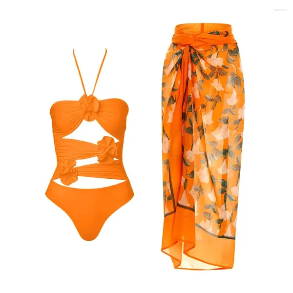 Swimwear Women 2024 Femmes One Piece Halter Swimsuit 3D Flower Ruffle Print Backless Bikini Set Summer Bathing Fult