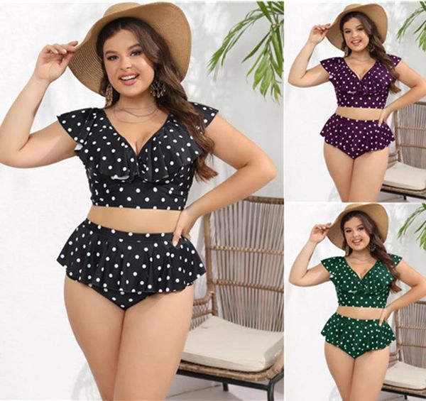 Swimwear féminin 2024 Femmes Ruffles Polka Dots Plus taille bikinis Ensemble de maillot de bain à taille haute sexy