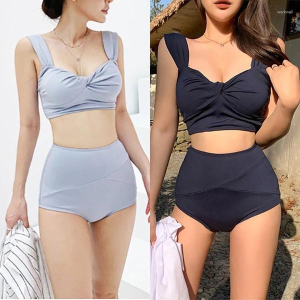 Maillots de bain pour femmes 2024 Femmes Split Maillot de bain Ensemble Couleur Solide Col V Push Up Bikini Culotte pour Summer Beachwear Girl Sex Minceur