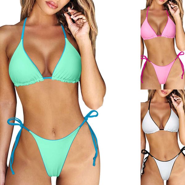 Swimwear Women 2024 Femme Split Swimsuit Nouveau bikini matériel double face lacets en haut de couleur unie de coud-coud.