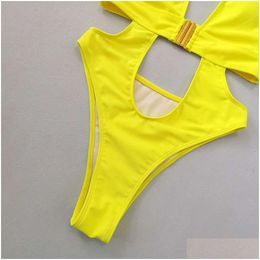 Dames badmode 2024 Yisiman nieuwe solide kleur geïntegreerd Deep V y buckle Design Bikini Drop levering kleding kleding OtBem