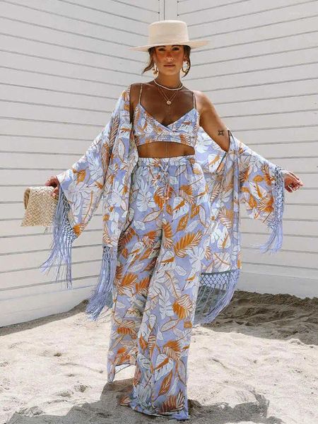 Traje de baño para mujer 2024vintageimpreso túnica con flecos manga larga kimono una pieza ropa de playa ropa de verano para mujeres dama vestidos sueltos