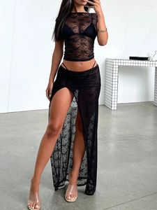 Swimwear para mujeres 2 PCS Cubiertos de ropa de playa Swimsuit Lace Jacquard Tops recortado Traje de baño de falda larga de hendidura