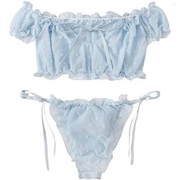 Traje de baño para mujer, 2 uds., conjunto de Bikini con cordones y hombros descubiertos, bañadores de manga corta informales dulces para mujer, ropa de playa, trajes de baño, lencería Sexy