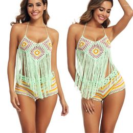 Swimwear pour femmes 2pcs / set 2024 Crochet à la main mélangé Stripe Colorful Stripe Long Tassel Top Bottoms Bikini Cover Upswear Up