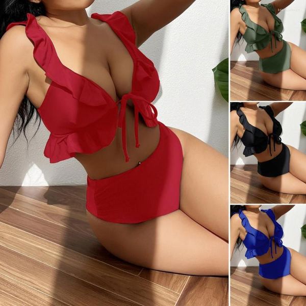 Traje de baño para mujer, 2 unidades por juego, Bikini para mujer, con cordones en la parte delantera, escote en V, Espalda descubierta, conjunto Sexy, sujetador de tirantes con volantes, ropa de playa de cintura alta