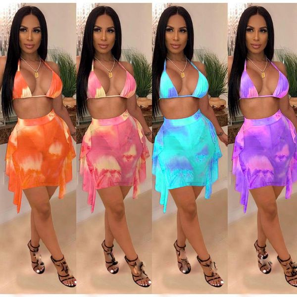 Traje de baño para mujer 2 unids / set Malla Ver a través de ropa de playa Sexy Mujeres Tie Dye Bra Top Ruffles Short Bottom Bikini Cover-upsMujeres