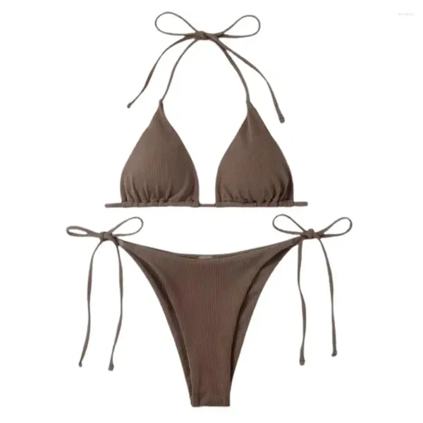 Swimwear pour femmes 2pcs / set Ribbed Backless Pads Bikini Set Femme Bath Batch Halter Triangle Bra Tie à nouure