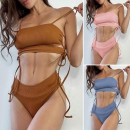 Dames Zwemkleding 2 stks/set Zomer Spaghettibandjes Split Hoge taille Zijgebonden Sneldrogend Zwemmen Zwembadkleding Effen Kleur Dames Bandeau SW