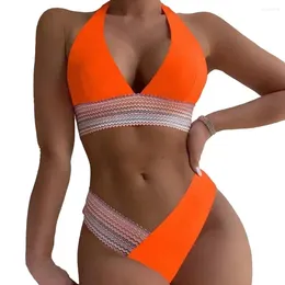 Swimwear pour femmes 2pcs / set Femmes Bikini Set Halter Breless Bra High Trunks Cross-Contrast Swimming Summer Beachwear