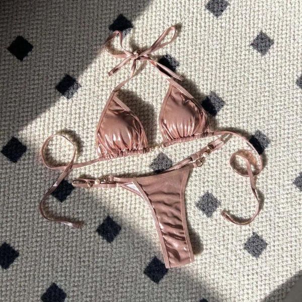 Traje de baño para mujeres 2pcs/set Women SEXY Bikini Set de superficie brillante Faux Pearl Halter sujetador Lace-up tanga traje de baño de traje de baño de playa brasileña