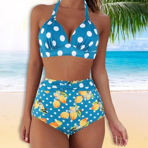 Traje de baño para mujer 2 unids/set traje de baño para mujer Halter espalda descubierta conjunto de Bikini con cordones sujetador con estampado de puntos calzoncillos de cintura alta ropa de playa