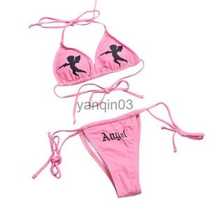 Vrouwen Badmode 2 STUKS Vrouwen Bikini Pak Push Angel Halter Back Tie-Up Bh Side Strappy Brief Driehoek panty Dames Sexy Strand Badmode Biquinis J230603